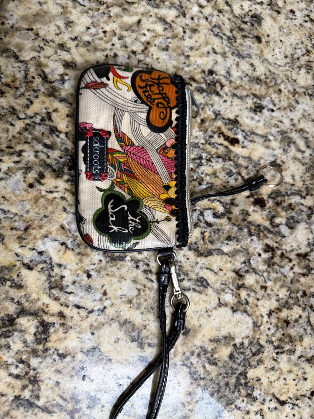 Sakroots Cream Floral Graphic Zip Wristlet Phone Case with Black Strap